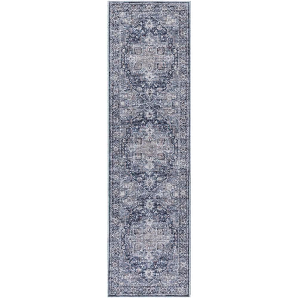 Machine Washable Series 1 Ivory Navy 2 ft. x 6 ft. Distressed Traditional R