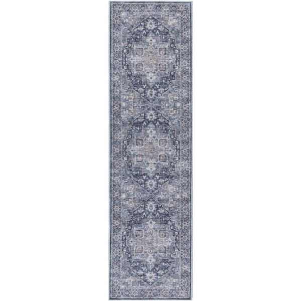 Machine Washable Series 1 Ivory Navy 2 ft. x 6 ft. Distressed Traditional Runner Area Rug