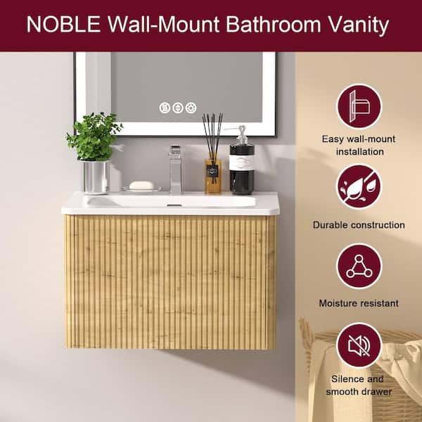 24 in. Wall Mount Modern Single Sink Striped Oak Bath Vanity with One-Piece White Ceramic Sink Top Sink Pre-assembled