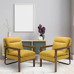 Modern Yellow Fabric Accent Armchair Lounge Chair with Wood Legs and Steel Bracket (Set of 2)