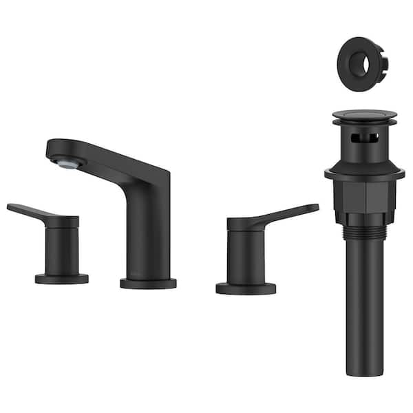 Indy 2-Handle 8 in. Widespread Bathroom Faucet in Matte Black with Pop Up Drain and Supply Lines