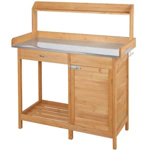 Outdoor Garden Potting Bench Table with Metal Tabletop, Cabinet Drawer and Open Shelf