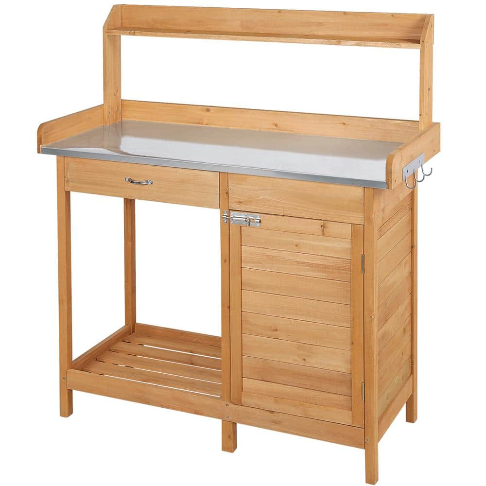 Outdoor Garden Potting Bench Table with Metal Tabletop, Cabinet Drawer and Open Shelf -  Yaheetech, DYqgk90001