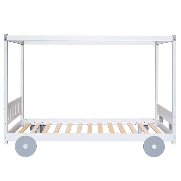 STICKON 78.3 in. W White Wood Frame Twin Size Car-Shaped Platform Bed with Canopy