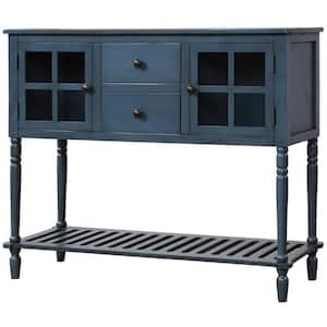 Living Room Navy Blue Farmhouse Wood/Glass Buffet Storage Sideboard Console Table Cabinet with Bottom Shelf