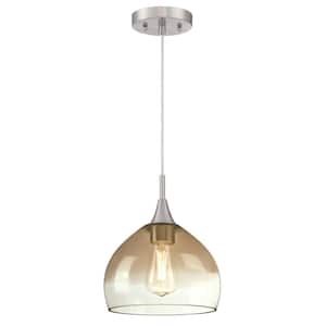 1-Light Brushed Nickel Pendant with Amber and Clear Glass Shade