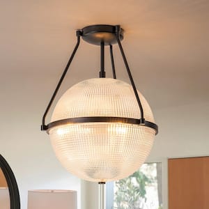 Lena 13.7 in. 3-Light Black Modern Industrial Semi-Flush Mount with Clear Grid Glass Globe Shade