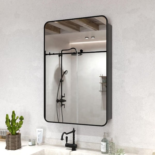 Hermitage Bath 23 in. W x 30 in. H Rectangular Framed Recessed/Surface Mount Medicine Cabinet with Mirror in Matte Black
