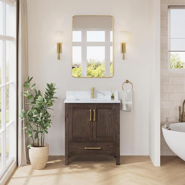 ROSWELL Shannon 30 in. W x 22 in. D x 33.9 in. H Single Bath Vanity in Spruce Aged Brown with White Composite Stone Top