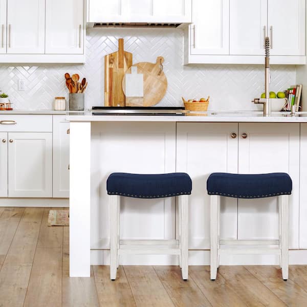 Jameson 24 in. Counter Height Antique White Wood Backless Barstool with Navy Blue Linen Saddle Seat (Set of 2)