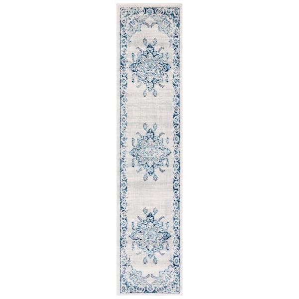 Tulum 2 ft. x 9 ft. Ivory/Blue Medallion Border Runner Rug