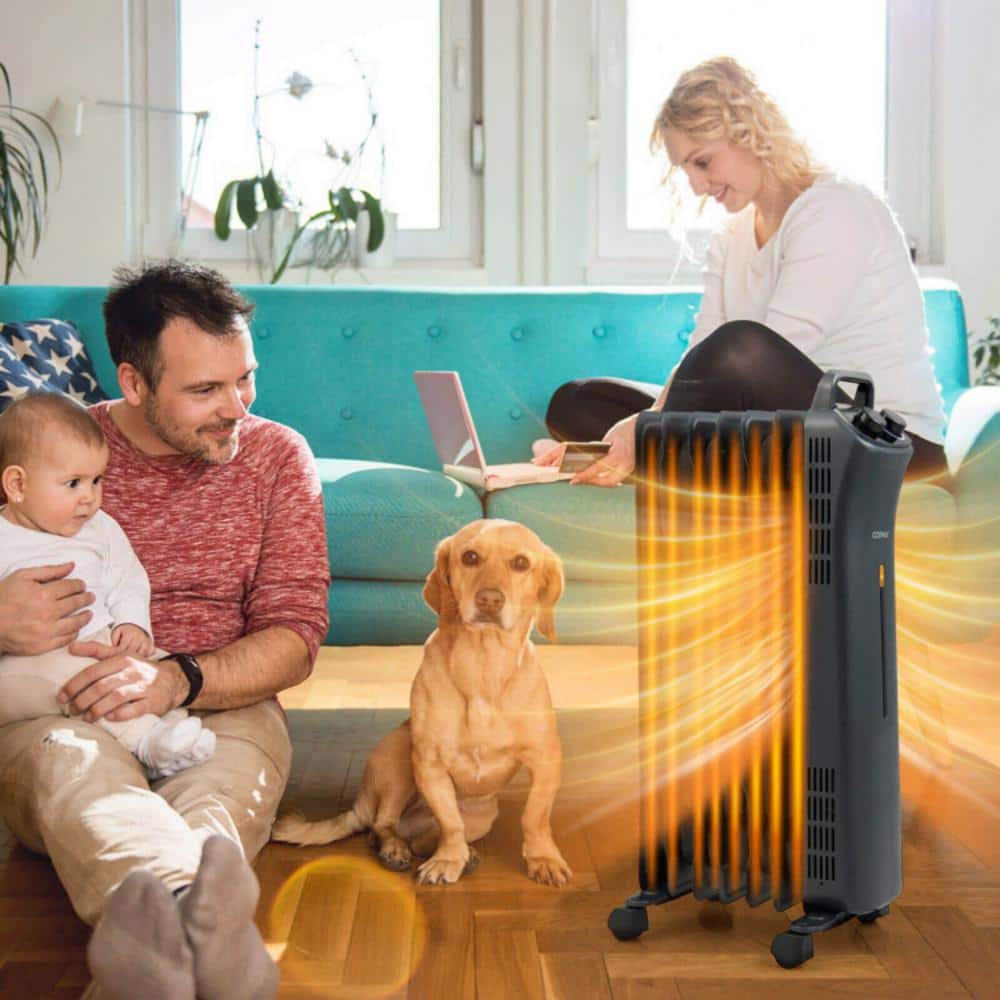 Black 1500W Oil Filled Space Heater with Thermostat and Automatic Shut-off