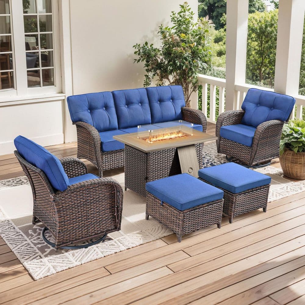 T-Frame 6-Piece Brown Wicker Fire Pit Conversation Set with 5 in. Blue Cushions Patio Swivel Chair for poolside/balcony price history on PriceWatchPro