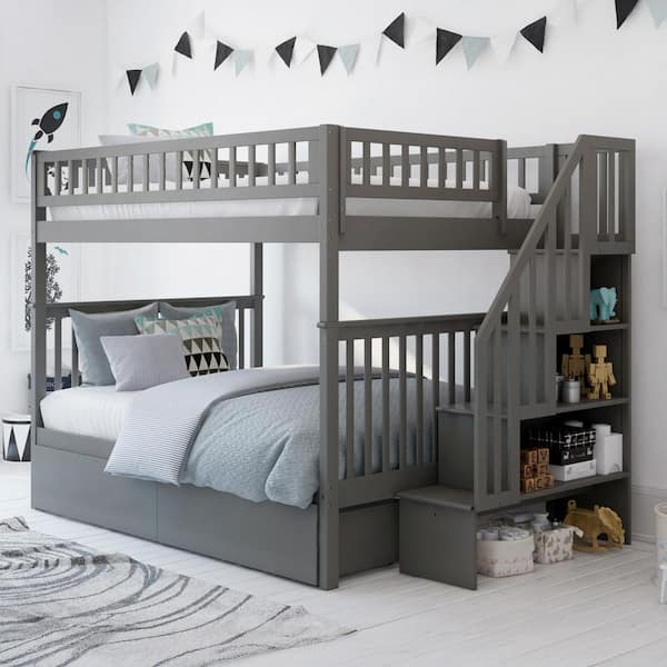 AFI Woodland Staircase Bunk Bed Full over Full with 2 Urban Bed Drawers in Grey