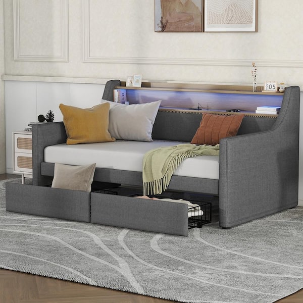 Nestfair Gray Twin Linen Fabric Daybed with Drawers Charging Station and LED Lights