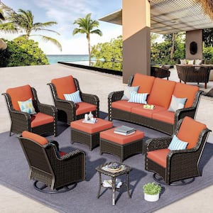 Grinnell Brown 8-Piece Wicker Outdoor Patio Conversation Sofa Set with Swivel Rocking Chairs and Orange Red Cushions