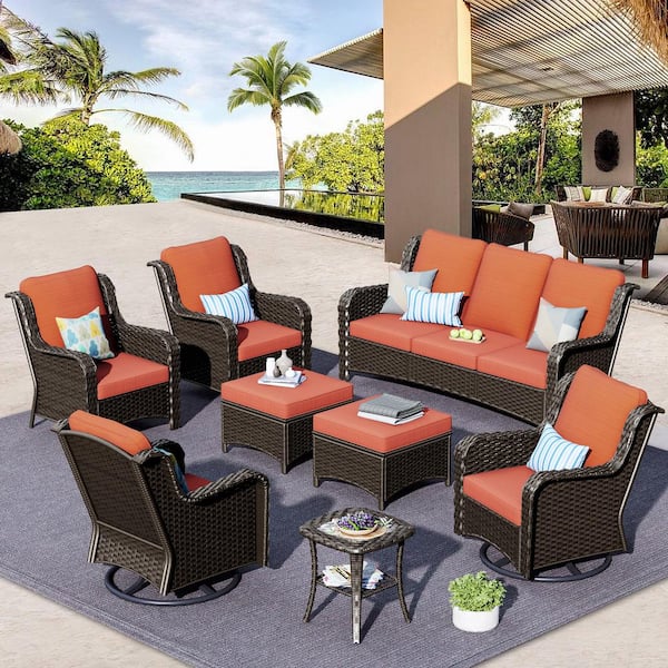 HOOOWOOO Grinnell Brown 8-Piece Wicker Outdoor Patio Conversation Sofa Set with Swivel Rocking Chairs and Orange Red Cushions