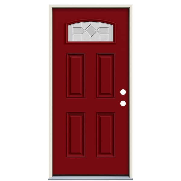 36 in. x 80 in. Left-Hand/Inswing Camber Top Caldwell Decorative Glass Cranberry Red Paint Fiberglass Prehung Front Door