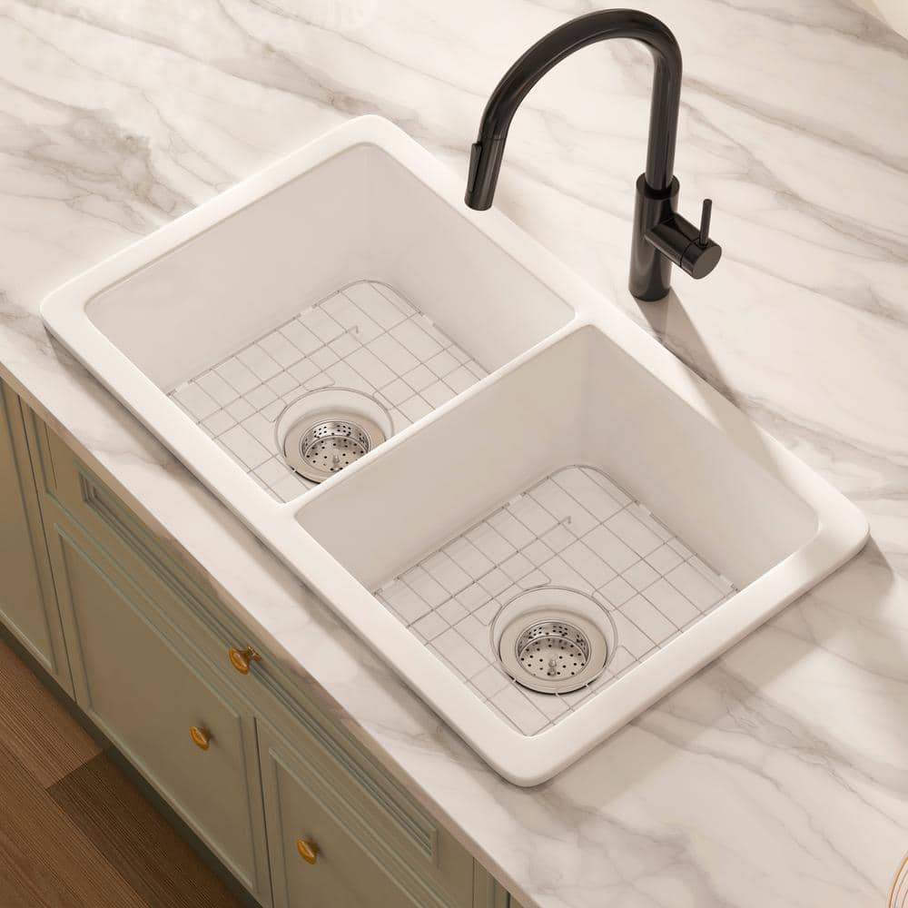 Oslo 32" White Fireclay Double Bowl Drop-In Kitchen Sink
