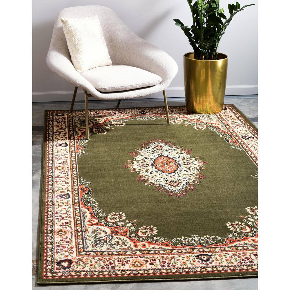 Olive Green and Cream Medallion Synthetic 9' x 12' Area Rug