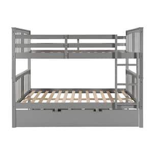 Gray Full Over Full Bunk Bed with Twin Size Trundle, Detachable Full Size Solid Wood Kids Bunk Bed Frame with Ladder