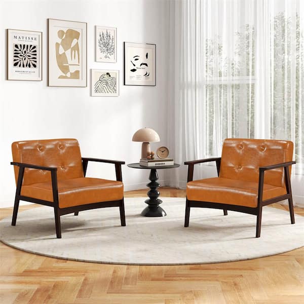 Caramel Faux Leather Upholstered Accent Arm Chair Set of 1 Button Tufted Mid-Century Modern Lounge Chair with Armrest