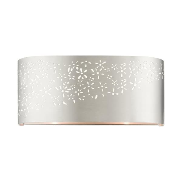 AVIANCE LIGHTING Kenton 13 in. 2-Light Brushed Nickel ADA Wall Sconce with Off-White Fabric Shade