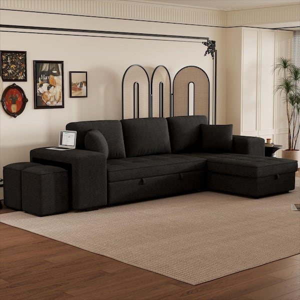 104.5 in. Square Arm Chenille Sectional Sofa with Storage Chaise and 2 Stools in. Charcoal Gray