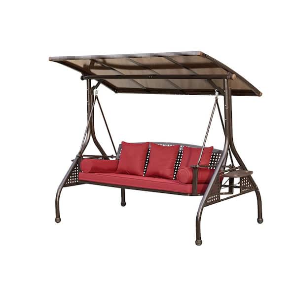 Unbranded 3-Person Brown Metal Iron Patio Swing with Red Cushions, Canopy and 3 Gear Adjustable Backrest