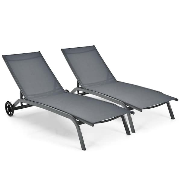Costway 2-Piece Grey Metal Outdoor Chaise Lounge Chair Adjustable Back Recliner with Wheels