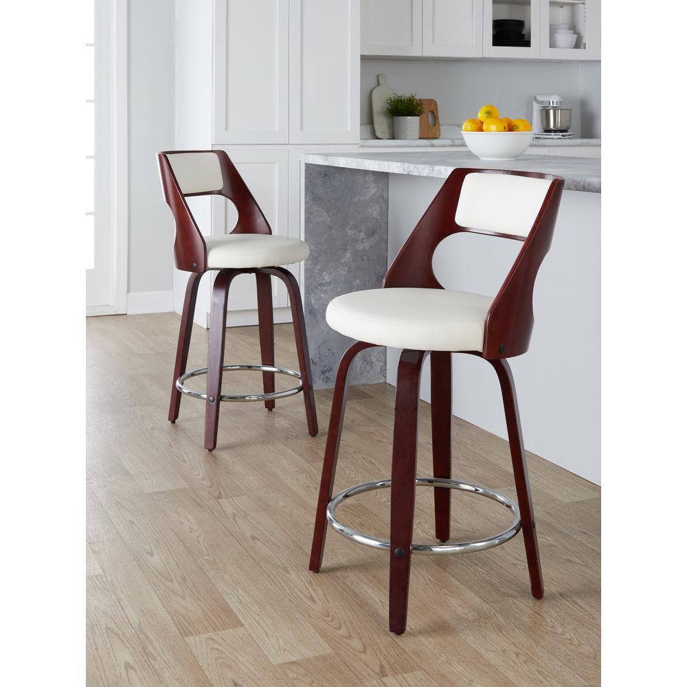 White Faux Leather and Cherry Wood Swivel Counter Stool