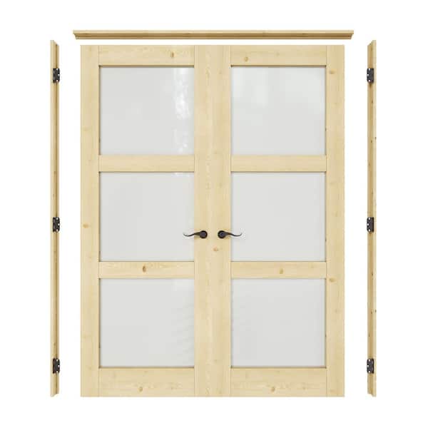 60 in. x 80 in. 3-Lite Frosted Glass Universal Solid Core Glass Double Prehung Interior Door with Quick Assemble Jamb