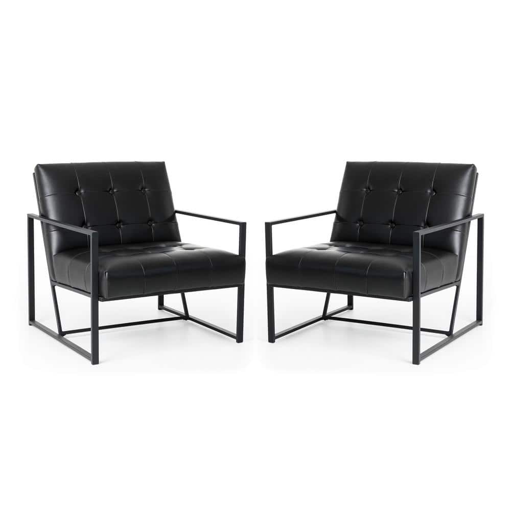 Modern Black Faux Leather Barrel Accent Chair with Metal Frame