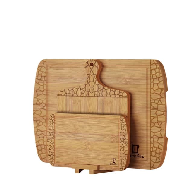 Unbranded 3-Piece Natural Wood Bamboo Cutting Board Set, Small Board with Juice Groove, Charcuterie Board and Tray with Base