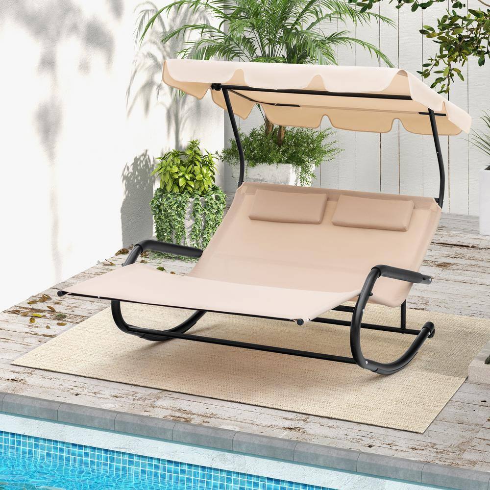 Beige Metal Outdoor Rocking Chaise Lounge with Adjustable Canopy