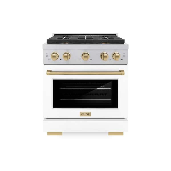 ZLINE Kitchen and Bath Autograph 30 in. Paramount Gas Range with 4 Burners and Convection Gas Oven in Satin Steel with White and Bronze Accents