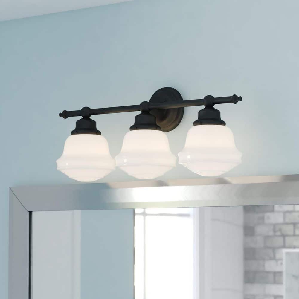 Huntley 24 in. W 3-Light Oil Rubbed Bronze Vanity Light Fixture White Milk Schoolhouse Glass Bathroom Wall Lighting price history on PriceWatchPro