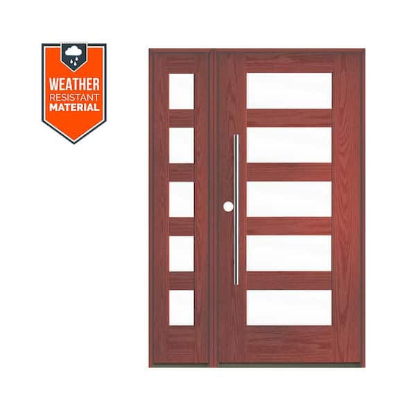 Modern Faux Pivot 50 in. x 79 in. 5-Lite Right-Hand/Inswing Clear Glass Redwood Stain Fiberglass Prehung Front Door/LSL