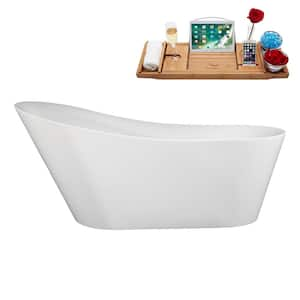 71 in. x 32 in. Acrylic Freestanding Soaking Bathtub in Glossy White With Glossy White Drain, Bamboo Tray