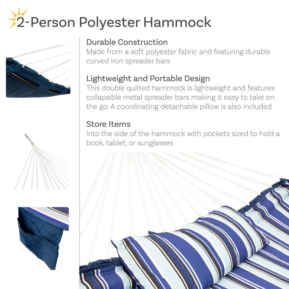 Blue and White Quilted Double Hammock with Metal Spreader Bars