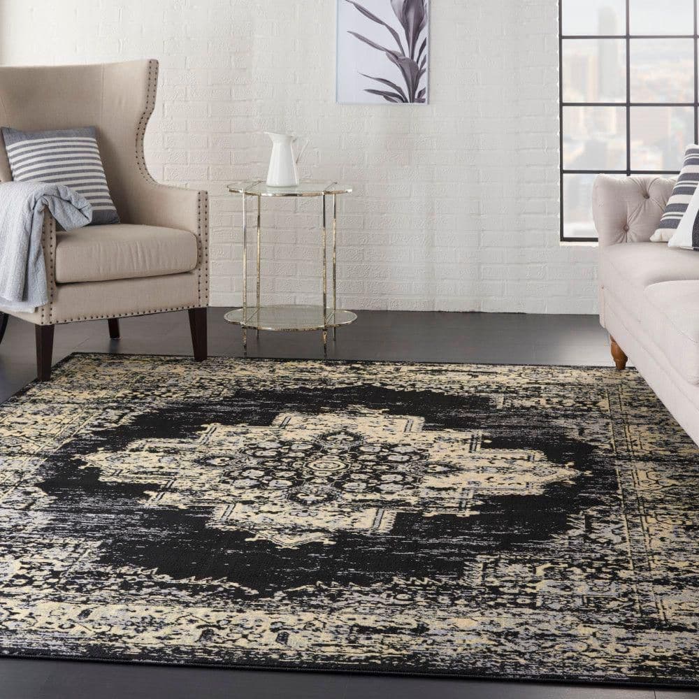 Black and Cream Synthetic Medallion Rectangular Area Rug 7' x 10'