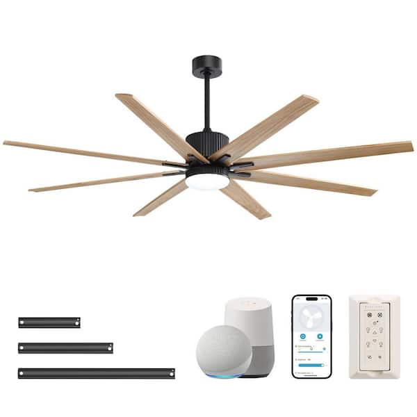 Sofucor 76 in. Indoor/Outdoor Black Ceiling Fan with LED Light Remote 8-Wood Blades Works with Phone