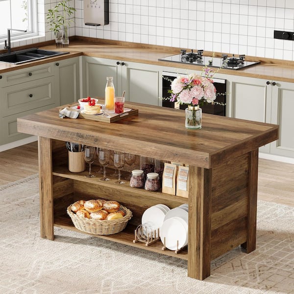 Halseey Rustic Brown Wood 55 in. Kitchen Island with Storage, Farmhouse Stationary Island Table Counter Height Bar Table