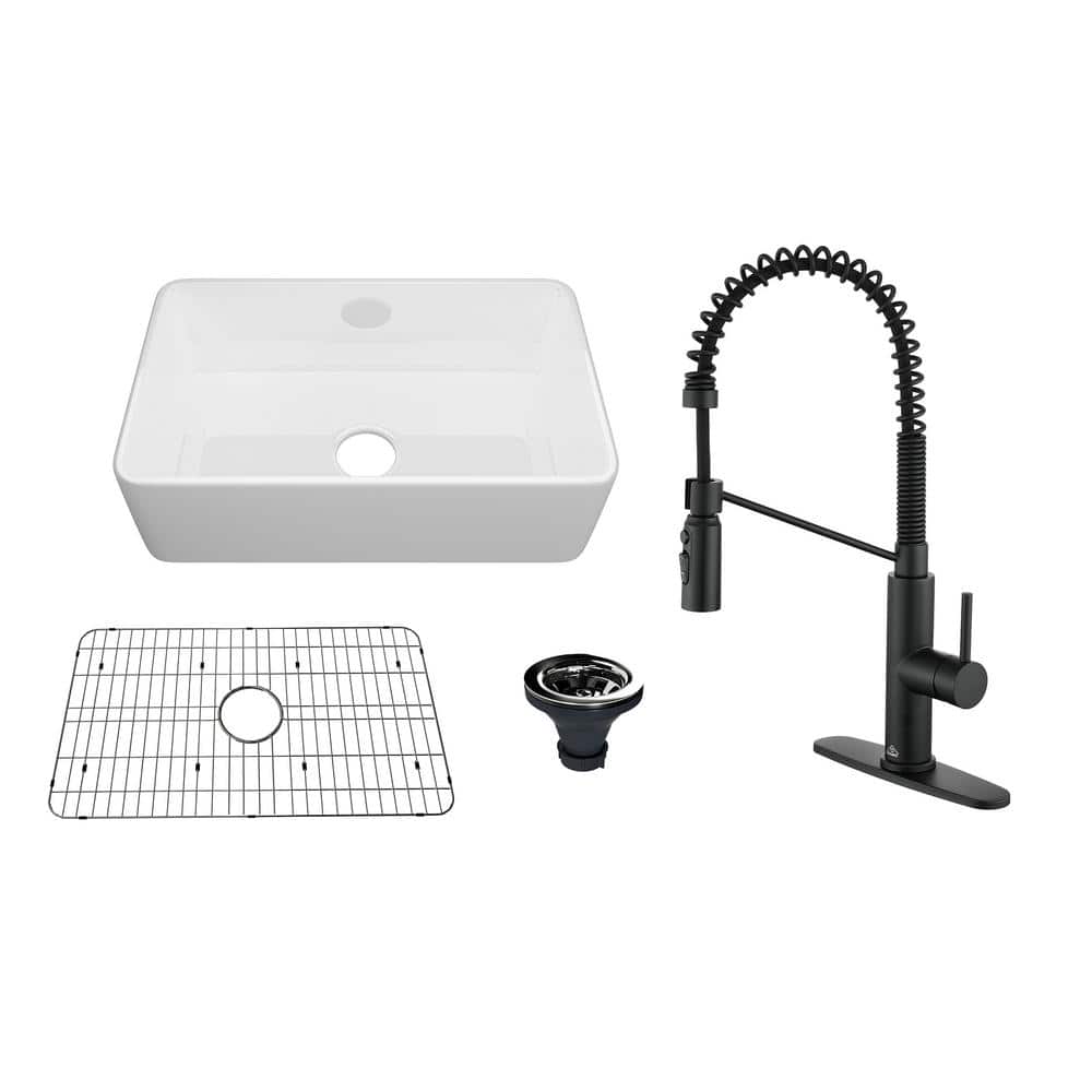 White Fireclay Farmhouse Kitchen Sink with Matte Black Faucet