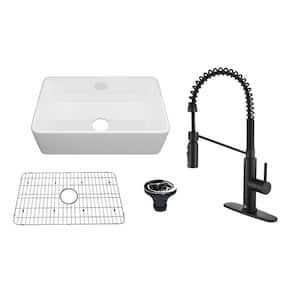 All-in-One 30 in. Farmhouse/Apron-Front Single Bowl Fireclay Kitchen Sink with Faucet, Bottom Grid, and Basket Strainer