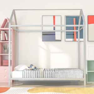 Silver Twin Size Metal House Bed for Kids, Metal Platform Bed Floor Canopy Bed with Four Posters, No Box Spring Needed