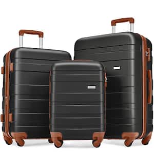 Black and Brown Lightweight Durable 3-Piece Expandable ABS Hardshell Spinner Luggage Set with TSA Lock