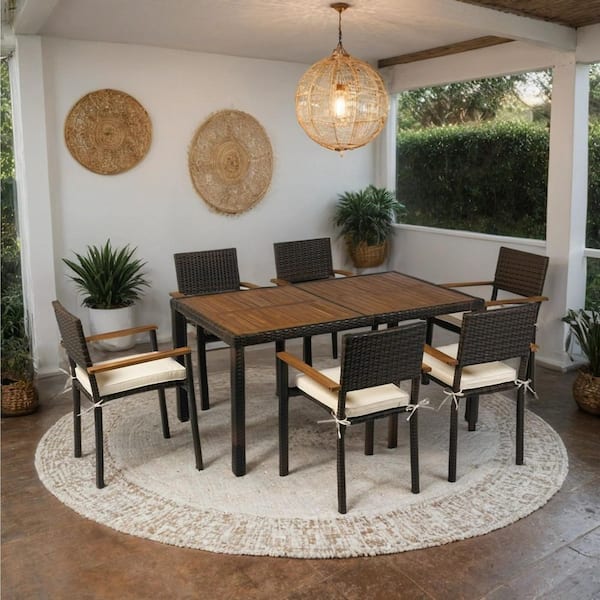 Unbranded 7-Piece Wicker Outdoor Dining Set Patio Furniture Dining Set with Wood Top Cream Cushion