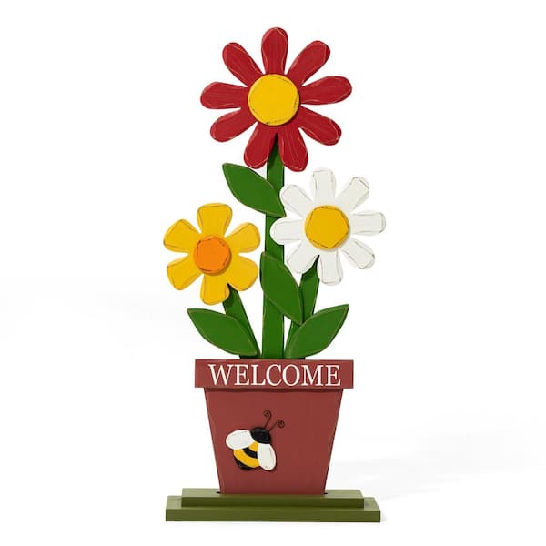 Glitzhome 30 in. H Wooden Trio Flowers Welcome Porch Decor (KD)