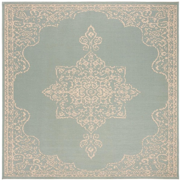 SAFAVIEH Beach House Cream/Aqua 8 ft. x 8 ft. Solid Medallion Floral Indoor/Outdoor Patio  Square Area Rug